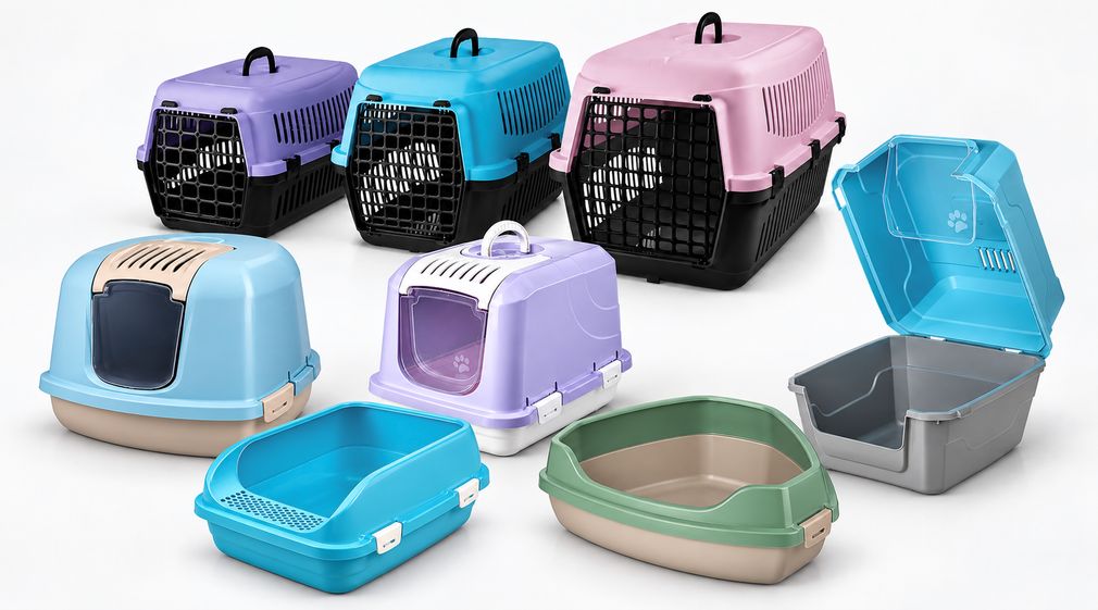 MCA EXIM pet carriers and cat litter boxes in purple, blue, pink, green and grey